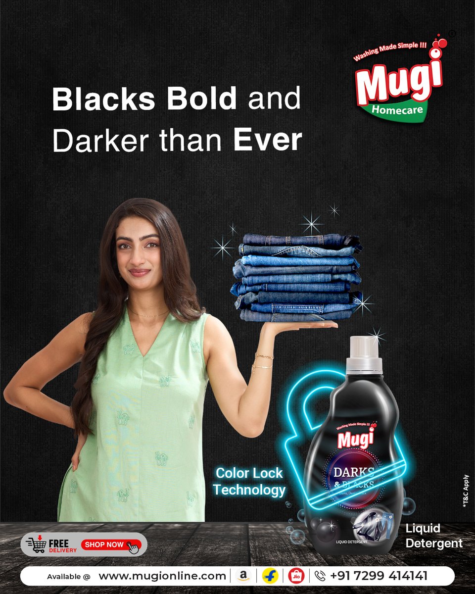 Mugi_Homecare's tweet photo. With Mugi's Darks &amp; Blacks Liquid Detergent, experience long-lasting freshness, deep color retention, and a fragrance that lingers.

#Mugi #MugiHomeCare #DarksandBlacks #BlackClothes #Freshness #Clothing #blacklover #ColorLock #FreshAndVibrant #ClothingCare https://t.co/9KbqRyC7SW