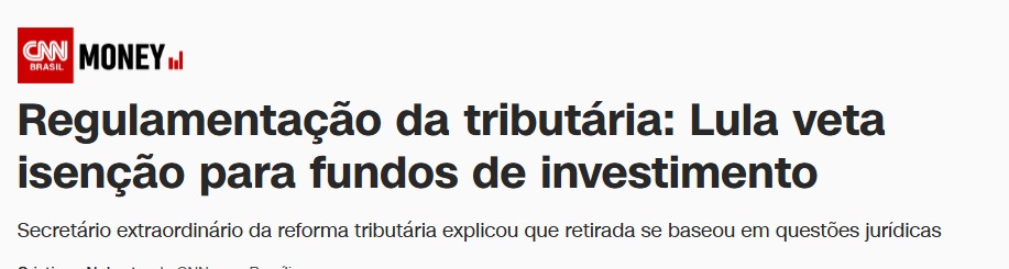 Você está acompanhando essa notícia?

Ontem, foi anunciado que o presidente Lula vetou a autorização para fundos de investimento. 

Mas, afinal, o que isso significa para você, investidor?

Hoje, às 12h, nosso especialista em fundos imobiliários, Professor Baroni , realizará uma