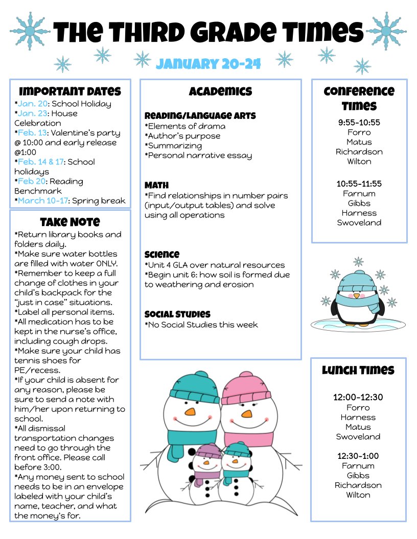 Here is the newsletter for next week. Don't forget that Monday, January 20th, is a school holiday. Stay warm!!!
#RobinsonISD <a href="/ElemRob/">Robinson Elementary</a>