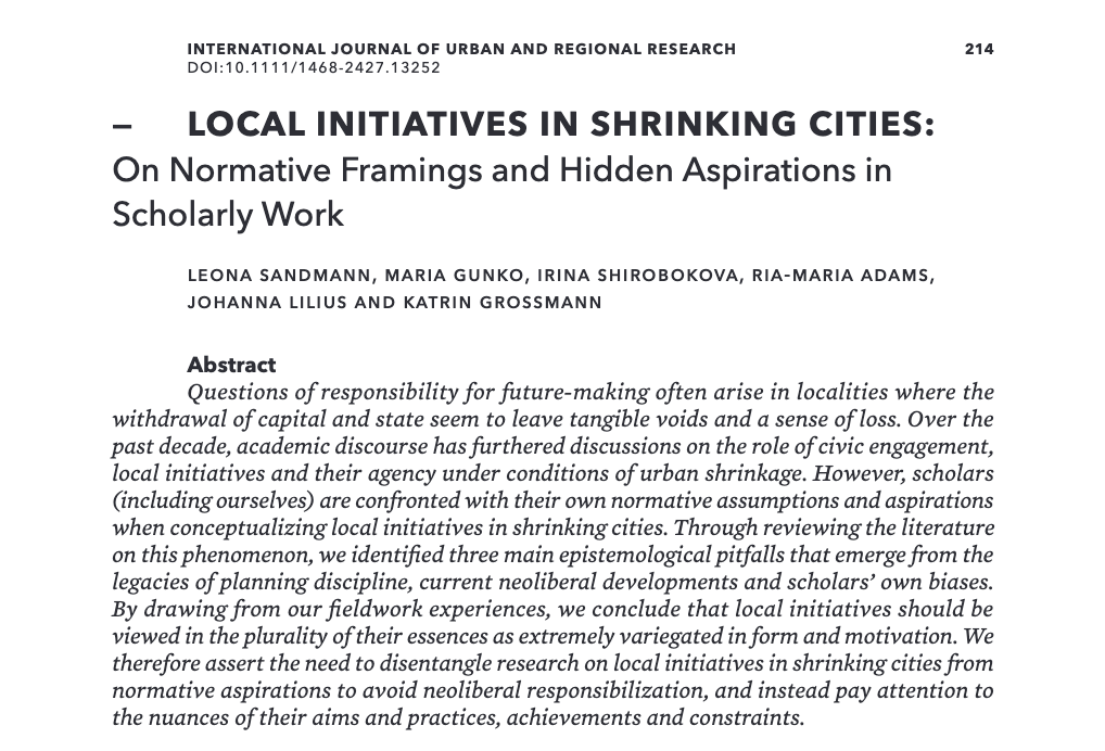 In this essay Leona Sandmann et al., suggest scholarly work ought to acknowledge nuances of aims &amp; practices of local initiatives in small shrinking cities &amp; view them in the plurality of their essences tinyurl.com/ysxbhpa9