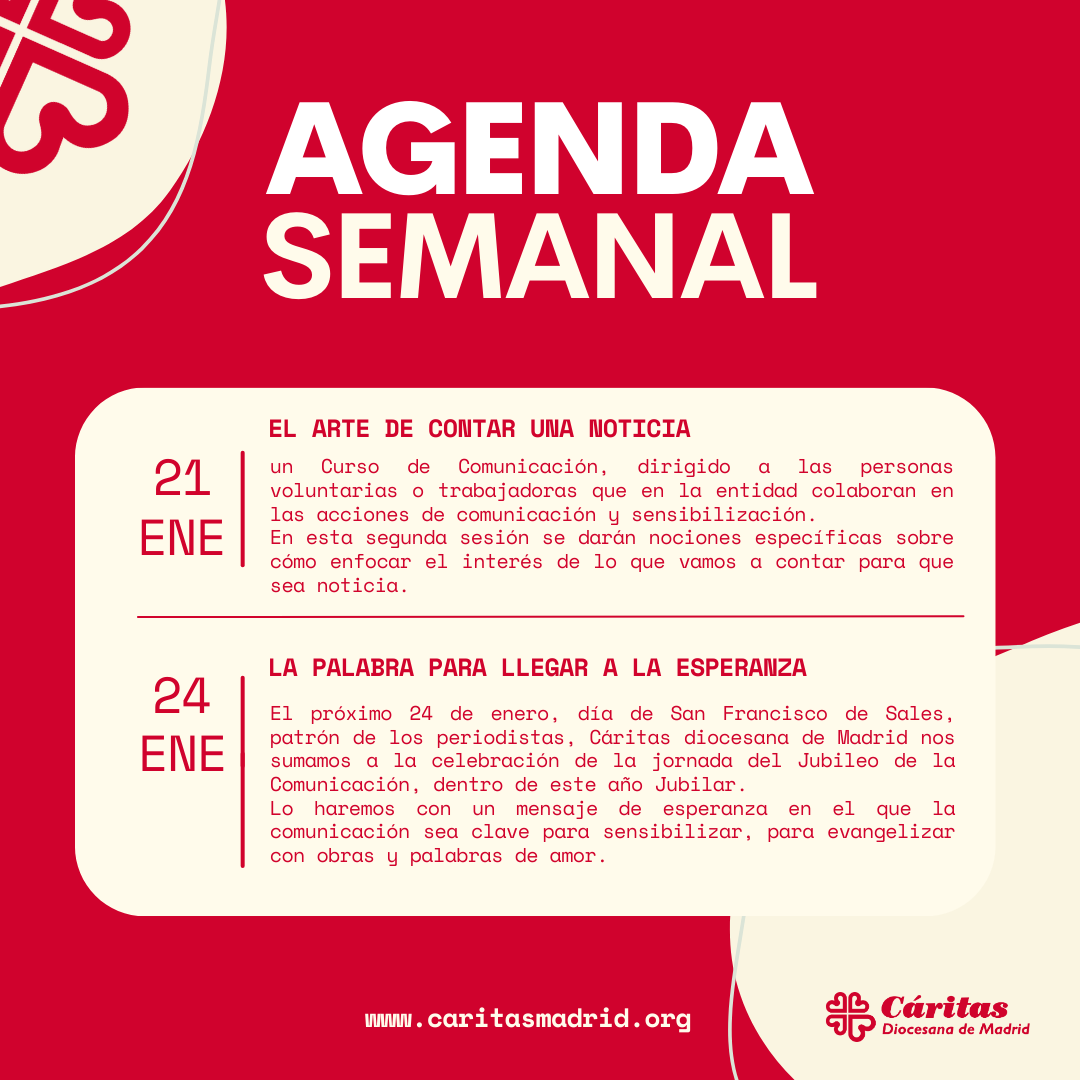 CaritasMadrid's tweet photo. Toma nota!!! Llega la agenda para esta semana: curso de comunicación social y celebración del Jubileo de la Comunicación.
#Estarcerca #agendasemanal #JubileoComunicacion #ComunicacionSocial #Jubileo https://t.co/2pwtNTqoSo