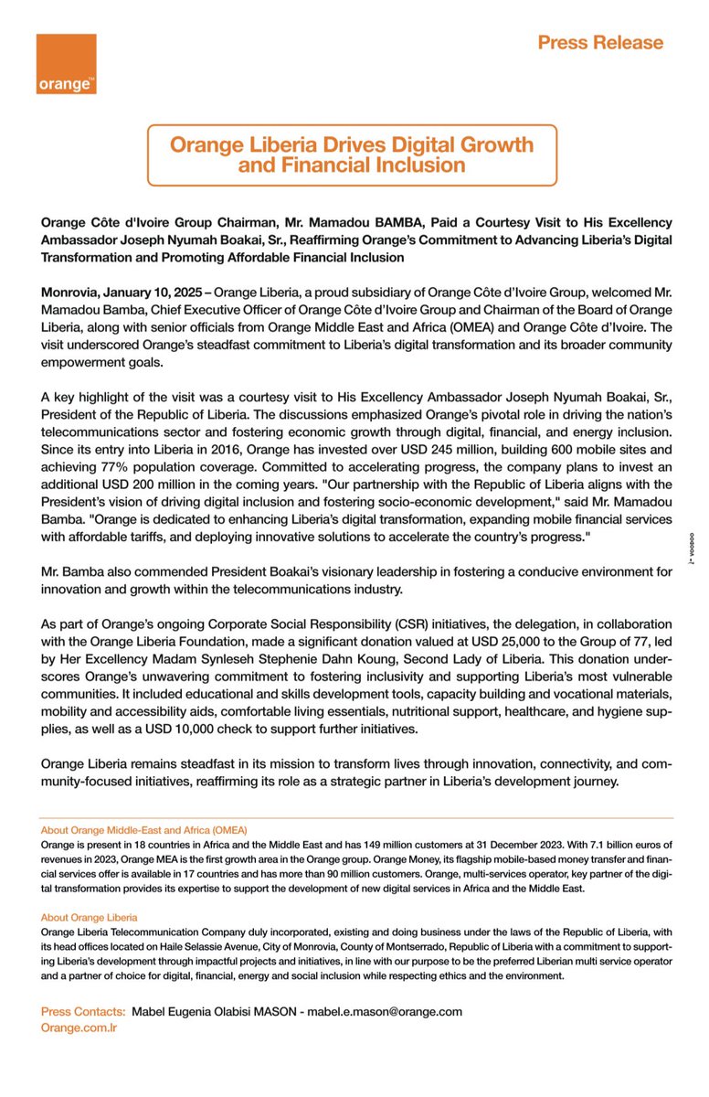 Big moves for Liberia! 🇱🇷 
Orange Liberia reaffirms its commitment to digital transformation, investing in connectivity and financial inclusion. 
Let’s empower together! 💡

 #OrangeLiberia #DigitalInclusion #OrangeIsHere