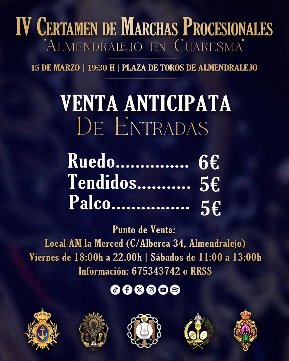 🤝🏻🎶 #EntradasAnticipadas | "Almendralejo en Cuaresma"

¡Venta Anticipada de entradas! 🔥

👉 6€ Ruedo / 5€ Tendido y Palcos

¿Eres de Fuera? ℹ RRSS y 675 34 37 42 (WhatsApp)

Asegura tu entrada, que se agotan 🚀

#AMlaMerced #SuenaLaMerced