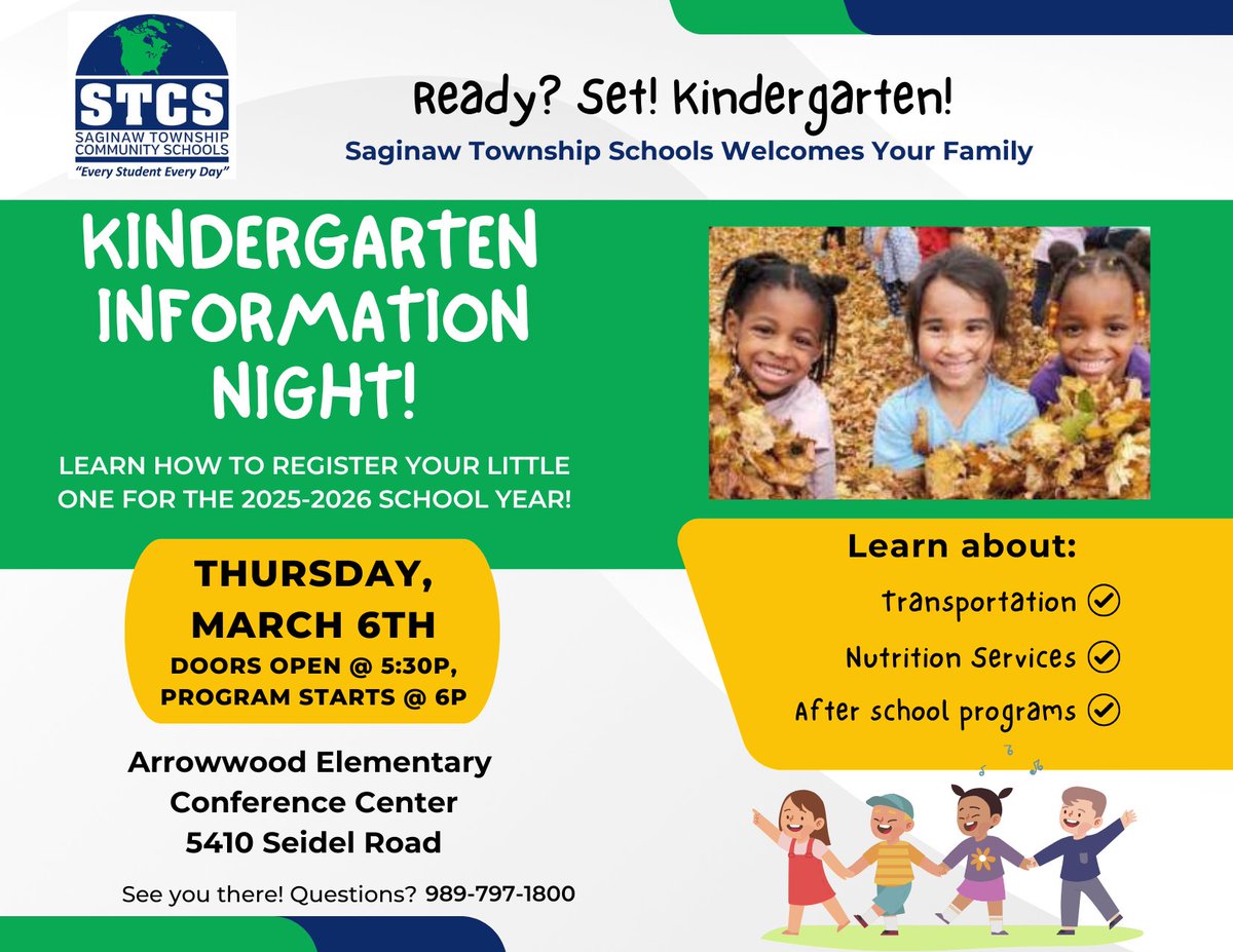 WeAreSTCS's tweet photo. If you have a little one in the township who is ready for kindergarten, mark this night on your calendar!  STCS will have representatives from our transportation department, Nutrition Services, Community Education and more so you can learn all about Kindergarten at STCS! https://t.co/X1EI81KcfI
