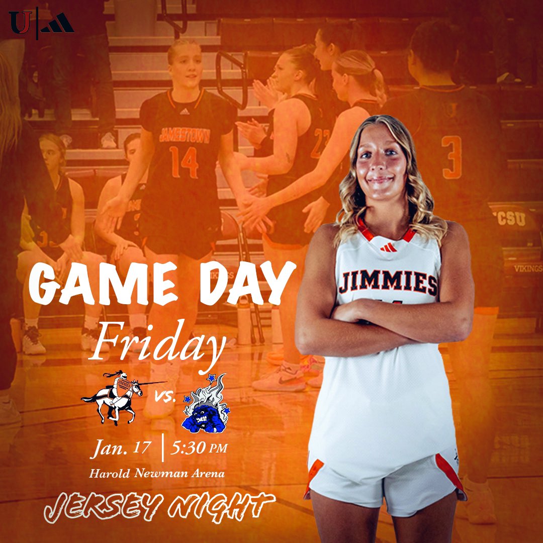 Find your jerseys and show them off tonight while cheering on your Jimmies🤩 

🏀 vs. Mayville State Comets
📍 Harold Newman Arena - Jamestown, ND
🕓 Tip-off @ 5:30 PM
📺m.youtube.com/watch?v=iIzPfr…

#GoJimmies 🧡🤍