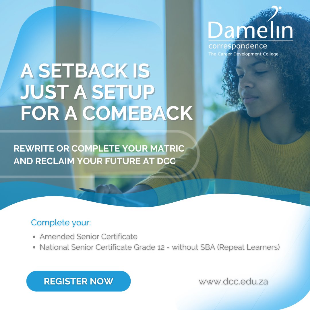 One exam doesn’t define you. 

Rewrite. Recharge. Rise. 

DCC is here to help you turn it all around. 

Sign up for Matric re-write now! bit.ly/4hm3lES 

#Matric #MatricRewrite