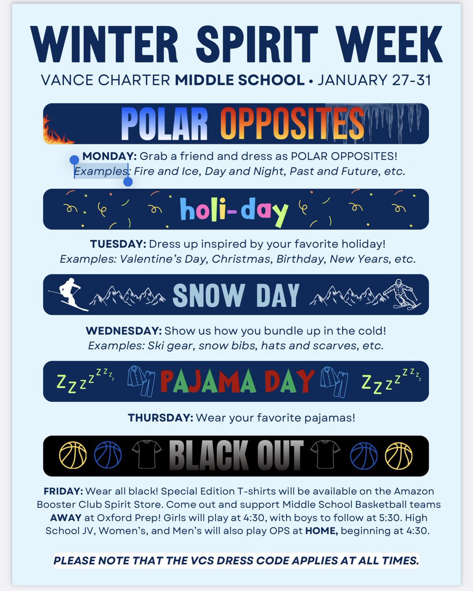 Hey Middle School! Winter Spirit Week is coming!!!!!!!!