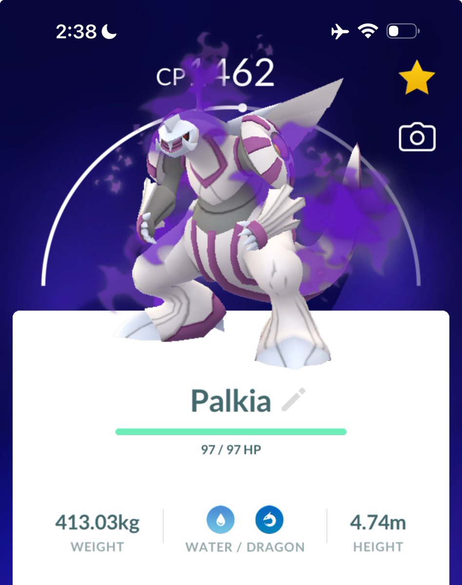 Abbieb_king's tweet image. Three stars shadow Palkia let’s go! 🥹💜💜💜💜💜💜#shadowpalkia #shadowpokemon #pokemongo #PokemonGOraid #mobliegames