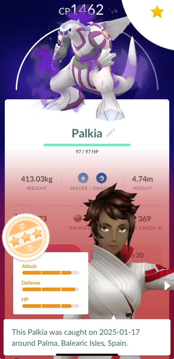 Abbieb_king's tweet image. Three stars shadow Palkia let’s go! 🥹💜💜💜💜💜💜#shadowpalkia #shadowpokemon #pokemongo #PokemonGOraid #mobliegames