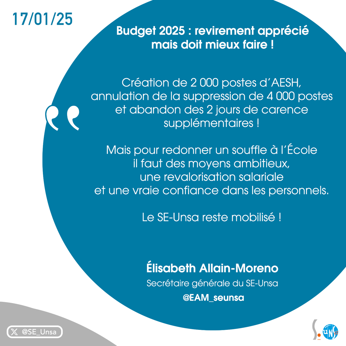 SE_Unsa's tweet photo. [Communiqué de presse]

Budget 2025 : revirement apprécié mais doit mieux faire !

Lire le communiqué 👉 https://t.co/EHUKNJyMfz

@EAM_seunsa