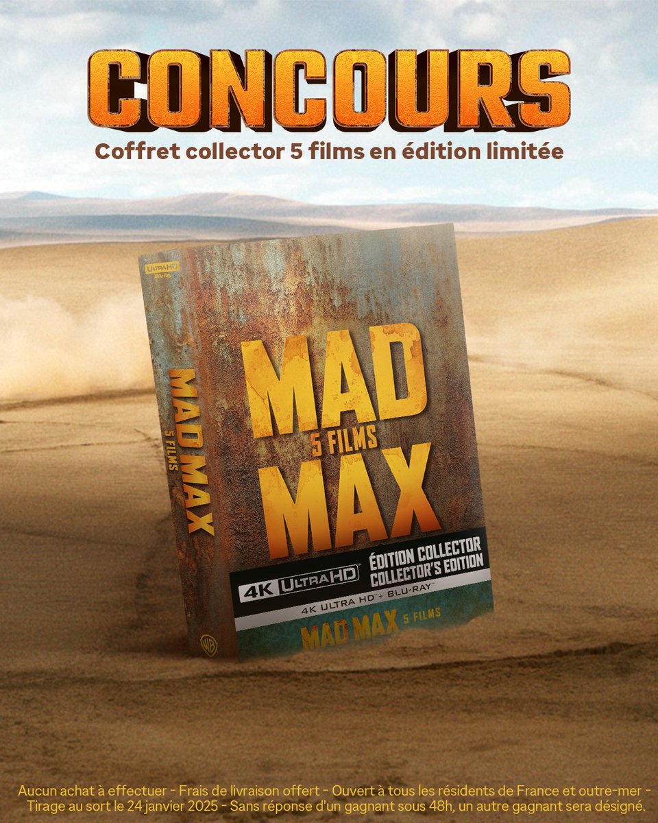 "Je suis né un volant entre les mains et un accélérateur collé au pied. Je suis l’aigle de la route ! 💥"

Tentez de gagner ce coffret Mad Max de 5 films en commentant votre moment préféré de la saga sous cette publication.

➡️ RT et Follow pour plus de chance de gagner

📅