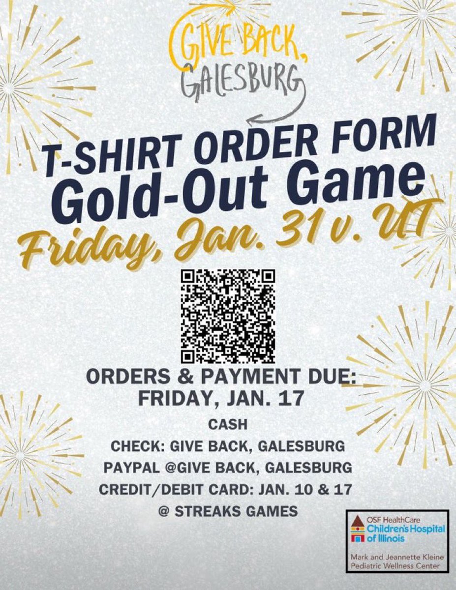 GiveBackGburg's tweet photo. Last day to get your Gold-Out Game t-shirts ordered! Check out the link to order form. Can drop payment off at school main office or use PayPal to: Give Back, Galesburg. See us at Streaks game tonight to use credit/debit card! https://t.co/I4UozyjgD1 https://t.co/N8V5jU9KbG