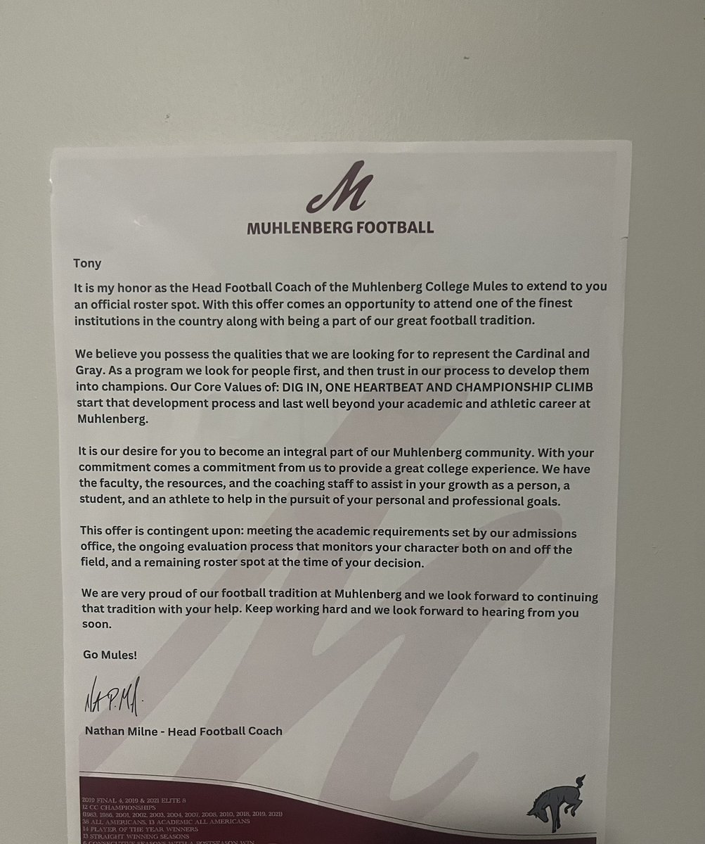 Honored to receive my first Division 3 offer from <a href="/DigInMules/">Muhlenberg Football</a> ! Thank you <a href="/Coach_OHara51/">Scott O’Hara</a> for the opportunity. #Hatterway