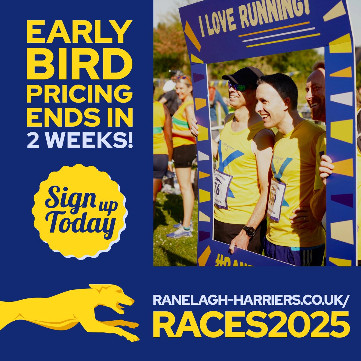 Exactly 2 weeks left to enjoy Early Bird pricing on the 2025 Ranelagh Half Marathon. 

Book NOW to take advantage of these great prices:
💙 Ranelagh Half: 11 May @ 8.30am (£32 UKA / £34 non)
💛 Ranelagh 10k: 22 June @ 9am (£20 UKA / £22 non)

ranelagh-harriers.co.uk/races2025 ⬅️