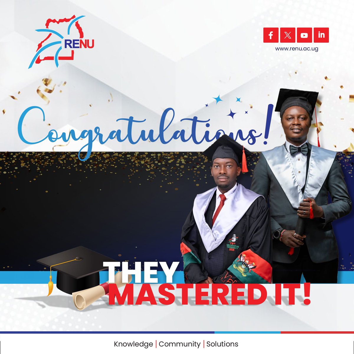 RENU_256's tweet image. Congratulations to our network engineers Ben Kyemba (@chemberh) and Arthur Tumwesigye (@arthurxiegillar) upon attaining their Master’s Degree from @Makerere University.

Well Done! 🎉🎊