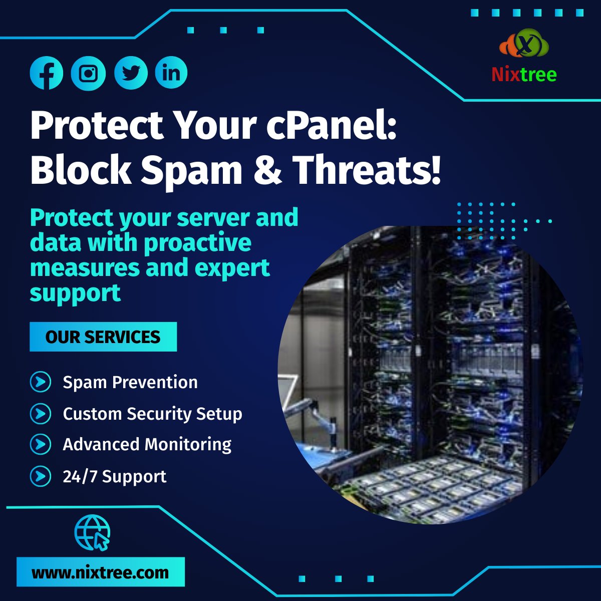 nixtree's tweet photo. 🌐Shield Your cPanel Server with Nixtree’s Expertise
🌐 Visit us at: https://t.co/VN6A7iVEej
🔒Secure your server with Nixtree – because peace of mind matters! 🌟
#cPanelSecurity #ServerProtection
#SecureHosting #CyberSecuritySolution https://t.co/iRbU7obZNg