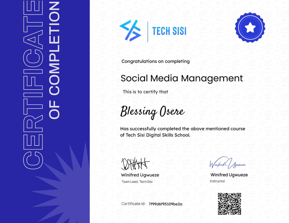 Excited to share that I’ve officially earned my Social Media Management Certificate!✨
I’m ready to help brands grow, engage, and thrive in the digital world. Let’s turn your online presence into a powerful success story! 💻📱

#SocialMedia #techsisi #Certified