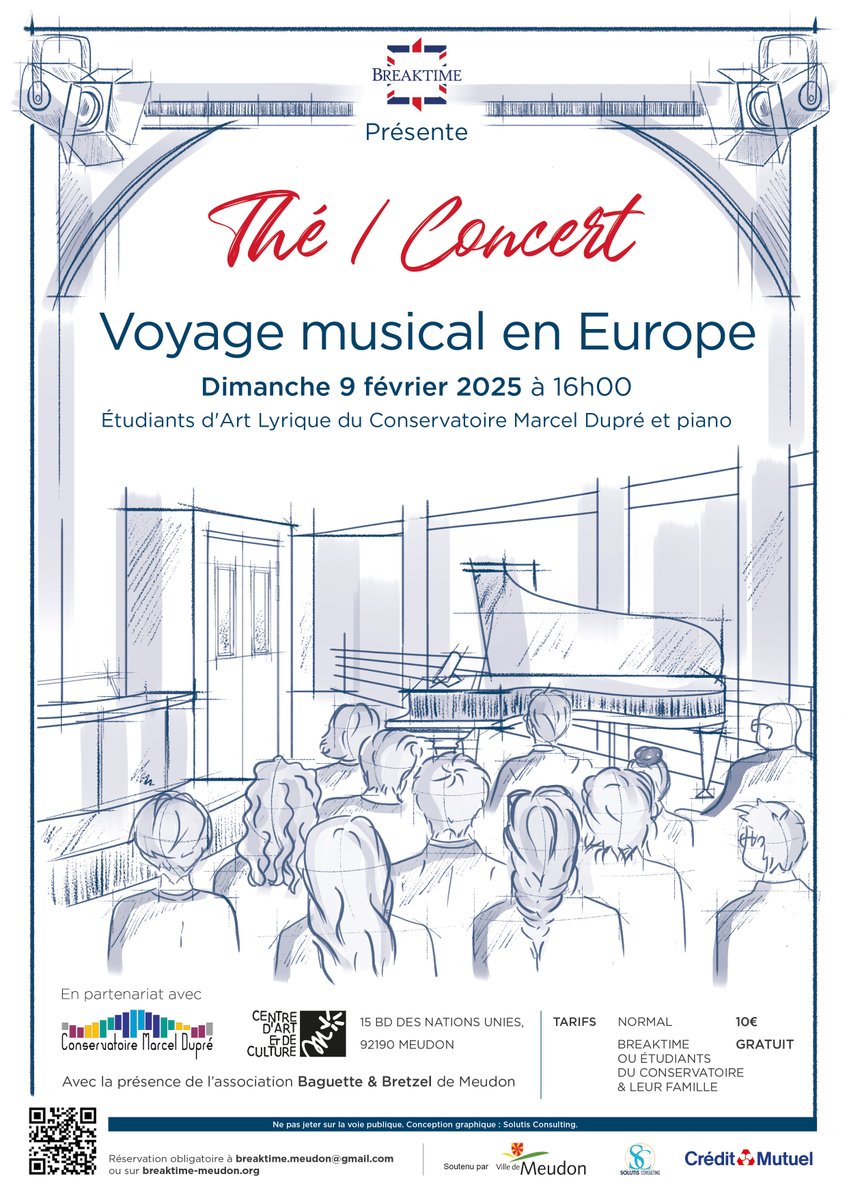 🎶 Pour la 3ème année, nous sommes partenaire du "Thé / Concert" de BREAKTIME, pour un "Voyage musical en Europe". 

🎹 En partenariat avec le CAC et le Conservatoire Marcel Dupré de <a href="/VilledeMeudon/">Ville de Meudon</a>,  rdv le dimanche 9 février 2025 à 16h  

🎟️ Places sur breaktime-meudon.org/the-concert-vo…