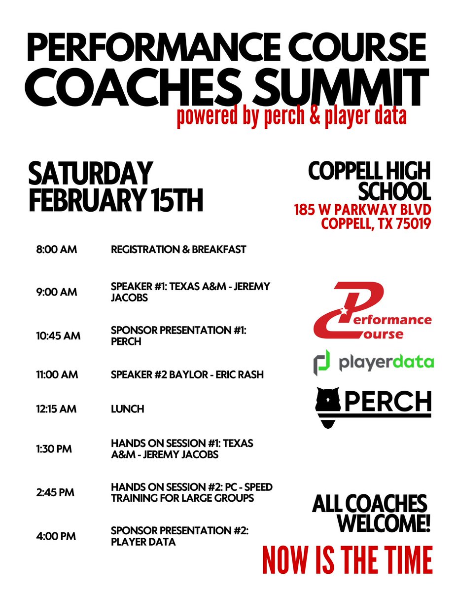 Performance Course (@pcnowisthetime) on Twitter photo 📣 Attention High School Coaches! 🚨
Join us for the 2025 Coaches Summit, powered by our amazing partners @PerchFit and <a href="/PlayerData/">PlayerData</a>! 🏋️♂️
📅 Date: Saturday, February 15th
📍 Location: Coppell High School, 185 W Parkway Blvd, Coppell, TX
💸 Cost: FREE!
A day with expert speakers, 📣 Attention High School Coaches! 🚨
Join us for the 2025 Coaches Summit, powered by our amazing partners @PerchFit and <a href="/PlayerData/">PlayerData</a>! 🏋️♂️
📅 Date: Saturday, February 15th
📍 Location: Coppell High School, 185 W Parkway Blvd, Coppell, TX
💸 Cost: FREE!
A day with expert speakers,