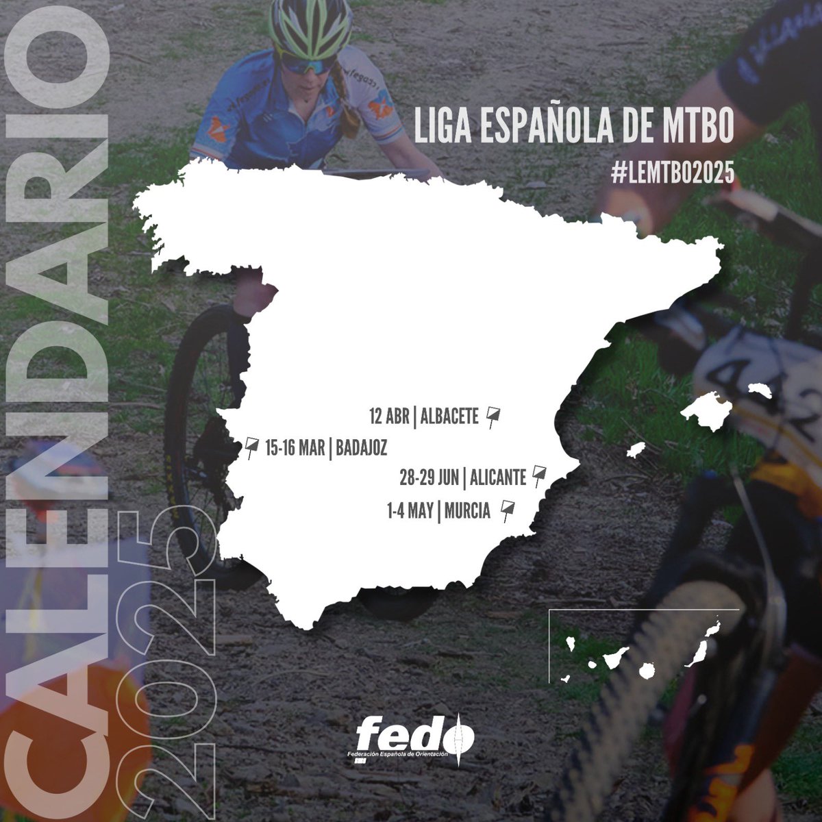 🔜¡La Liga Española de MTBO 2025 comenzará el próximo mes de marzo en Badajoz!

Entre las pruebas que forman la #LEMTBO2025, se incluyen las pruebas posteriores al Campeonato del Mundo de Veteranos, que se celebra en Murcia en el mes de mayo 🌎

Repasamos el calendario ⤵️