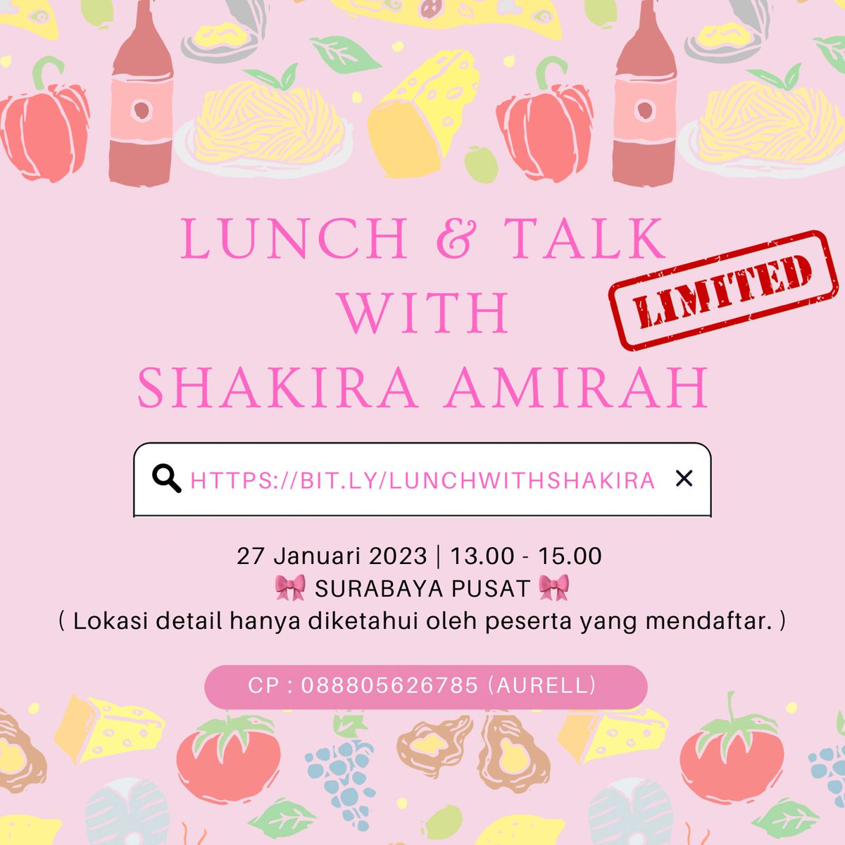shakiiverse's tweet photo. hi Shakiverse jatim!🌸
ada lagi nih acara with shaki, yaitu makan siang dan ngobrol seru bersama shakira😍
jangan sampai kelewatan momen ini! Ayo kita makan bersama dan bincang seru with Shakira Amirah💐
✨ https://t.co/Wh21OFAhCb ✨
‼️limited slot‼️ https://t.co/0kzB7KuTNl