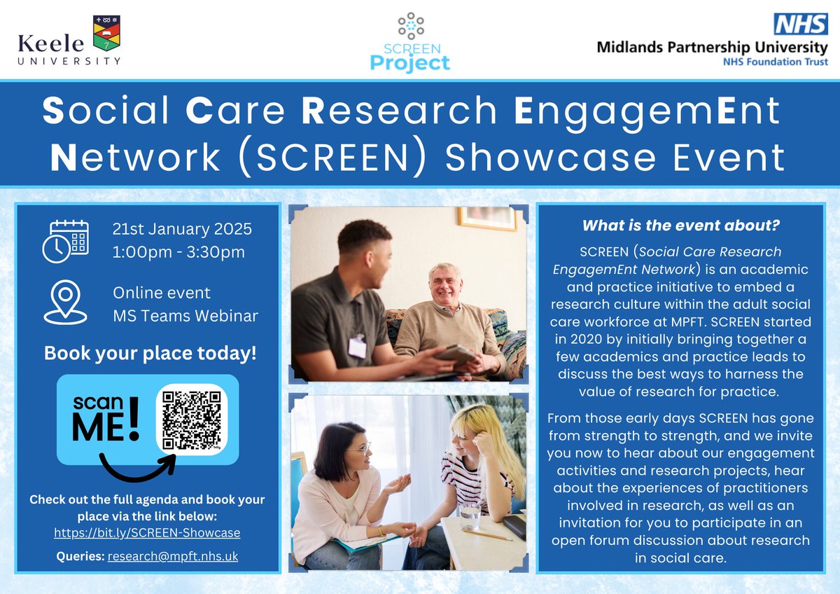 Join us for the #MPFT #SocialCare #Research EngagemEnt Network (SCREEN) Showcase!

🗓 21st Jan 2025
⏰1:00 PM - 3:30 PM
📍Online
✔️Check out the full agenda &amp; book your place: bit.ly/SCREEN-Showcase

#SocialCareResearch #SocialWorker #SocialWorkResearch #SocialWork #MPFTResearch