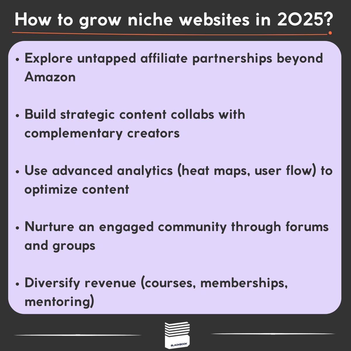 blackbook_group's tweet photo. Here's what drives niche website value in 2025:

→ Untapped affiliate deals
→ Strategic creator collabs
→ Advanced analytics
→ Community building
→ Multiple revenue streams

Focus on systems that run without you.

📌Looking to buy, scale or sell content websites?

DM us! https://t.co/X8bdpLe5Tl