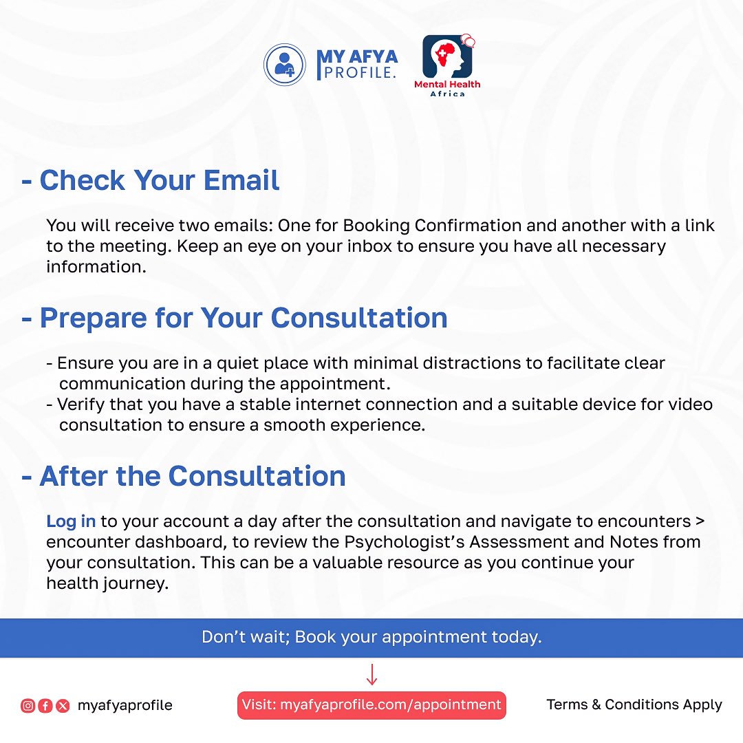 Taking care of your mental health is just a few clicks away! 💚 Book an online consultation with us in simple steps. Don’t wait, start your journey today! 🧠✨

#mentalhealth #mentalhealthafrica #mentalhealthawareness