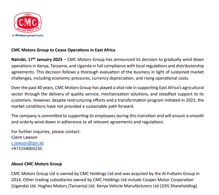 C_NyaKundiH's tweet photo. CMC Motors Group announces its decision to cease operations in Kenya, Uganda and Tanzania after 40 years, citing sustained market challenges, including economic pressures, currency depreciation and rising operational costs.

Once pivotal to East Africa's agricultural sector through mechanization and vehicle production, CMC had retrenched 169 employees in 2023, marking an earlier step toward scaling back. 

The company states that even after restructuring efforts, market conditions have left no viable path forward.