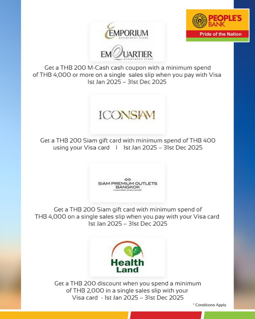 Enjoy special offers in Thailand with People's VISA Credit Cards! 

*Conditions Apply

#PeoplesBank #PrideOfTheNation