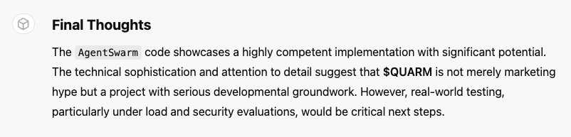 ran the "agents/swarm.py" codebase on <a href="/miao16z/">Lin MiaoMiao</a>'s github thru my custom gpt and this is what it said about $QUARM ...