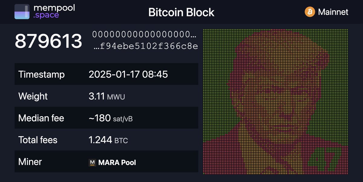 When checking Bitcoin data, I came across this block that’s full-on performance art. 

Mining pool MARA POOL created a Trump figure in block 879613 using 7,396 transactions and even inscribed the U.S. Constitution in the OP_RETURN field.

#trump #BITCOIN