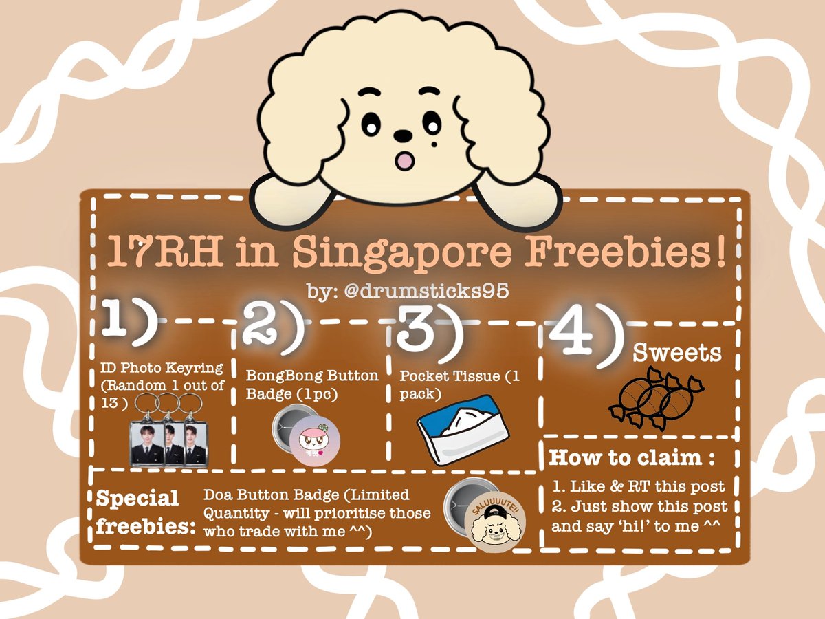 SEVENTEEN RIGHT HERE IN SINGAPORE FREEBIES by <a href="/drumsticks95/">Nor 🍉</a> 💎

🗓️25 Jan (Day 1)
⏰TBA

💎More details in the pic
💎DM for trade
💎Will post updates under this tweet on D-Day later

See u guys there! 🫶

#SVTinSG #SEVENTEEN_RIGHT_HERE_IN_SINGAPORE #SVT_RIGHT_HERE_IN_SINGAPORE