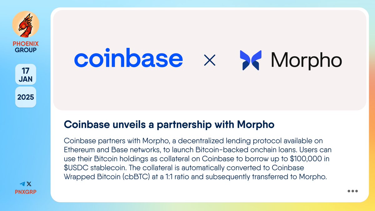 🔥 @Coinbase unveils a partnership with @MorphoLabs #Coinbase partners with  #Morpho, a decentralized lending protocol available on #Ethereum and #Base  networks, to launch Bitcoin-backed onchain loans. Users can use their # Bitcoin holdings