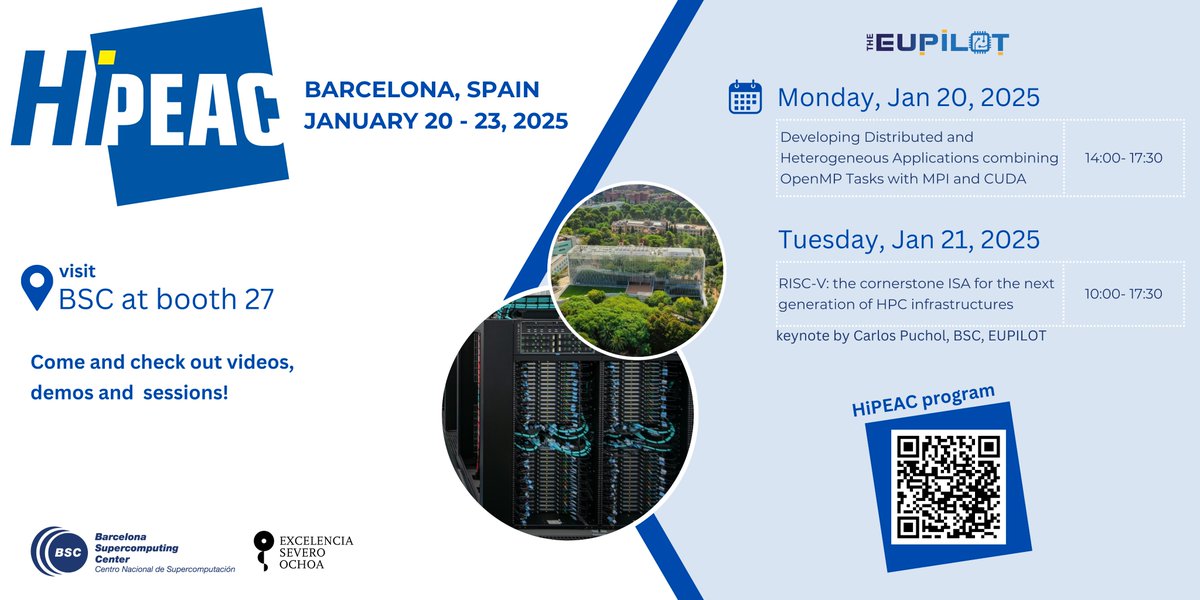 pilot_euproject's tweet photo. 🚀 EUPILOT at @hipeac 2025!
Catch us in Barcelona (Jan 20–23) at the @BSC_CNS booth #27! Don’t miss our sessions:
1️⃣ OpenMP, MPI & CUDA – Jan 20
2️⃣ #RISCV Workshop & Keynote by Carlos Puchol – Jan 21
Discover the agenda https://t.co/1xWoss86CU
#EUPILOT #HiPEAC25 https://t.co/Pr8E0s0wXx
