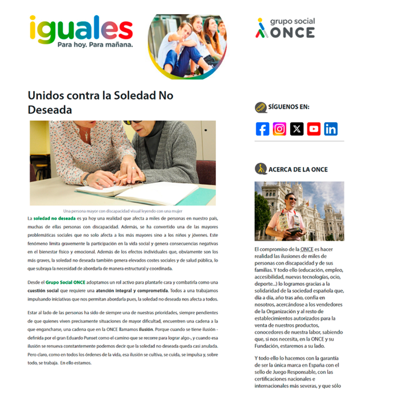 ONCE_oficial's tweet photo. ¡Unidos contra la #SoledadNoDeseada!🫂
Desde el @GrupoSocialONCE, plantamos cara y queremos contagiar nuestra #ilusión, una ilusión que trabaja para romper soledades
#ONCE @Fundacion_ONCE @ILUNION
#BlogONCE