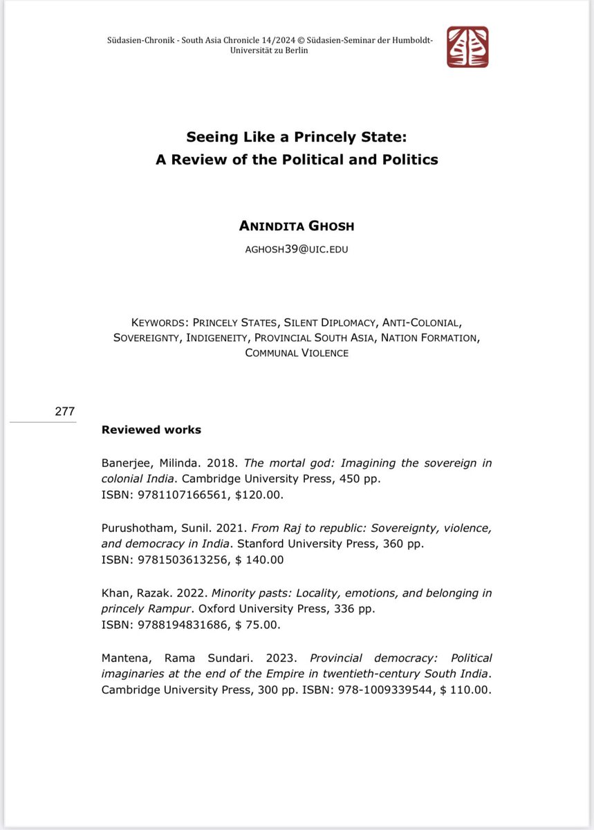My essay on the princely states of SouthAsia in the latest issue of SouthAsia Chronicle/Sudasien Chronik. It is an open access,peer-reviewed,bilingual &amp; online journal. Thankful to all who helped.
Read the complete issue for more on the subject.
iaaw.hu-berlin.de/de/region/sued…