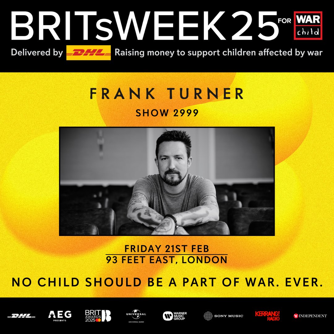 Frank Turner (@frankturner) on Twitter photo Here we go friends, the <a href="/WarChildUK/">War Child UK</a> solo show at <a href="/93FeetEast/">93FeetEast</a> on 21st Feb is now on general sale! These will go fast, and itās for a great cause, so donāt sleep on it.
bit.ly/4fPGsbK Here we go friends, the <a href="/WarChildUK/">War Child UK</a> solo show at <a href="/93FeetEast/">93FeetEast</a> on 21st Feb is now on general sale! These will go fast, and itās for a great cause, so donāt sleep on it.
bit.ly/4fPGsbK