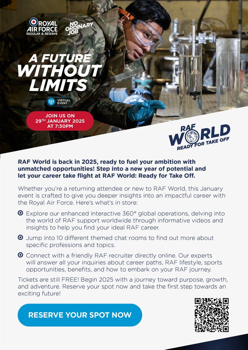 BanffAcademyBXA's tweet photo. 📢Attention S4-6 students!
Would you be interested in finding out about a career in the @RoyalAirForce at this World Virtual Event? This is a fantastic opportunity to discover what there is on offer and to speak to serving personnel. ✈️
#CareerOpportunities 
#futurepathways https://t.co/8ygmm4Pz1K