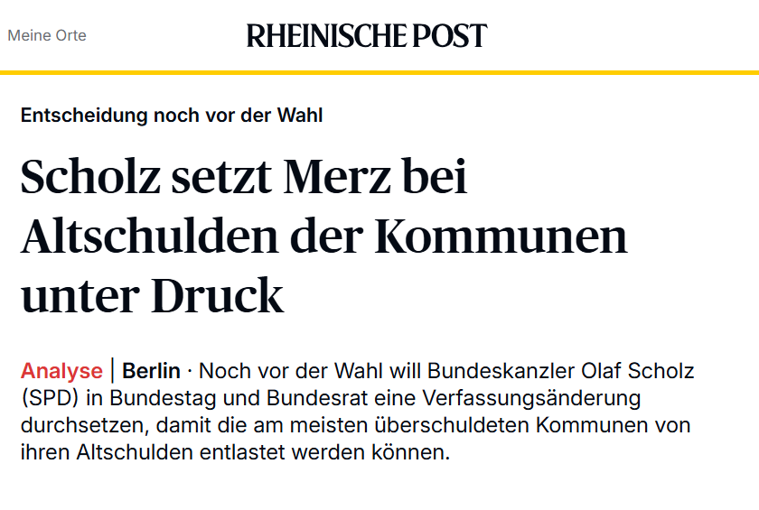 Fünf Tage Zeit für Stellungnahmen, vier Wochen für eine Verfassungsänderung. Konzeptionell gute Punkte, aber das ist wieder mal nur Wahlkampf zu Lasten der #Kommunen. #BTW2025 #altschulden 
rp-online.de/politik/deutsc…