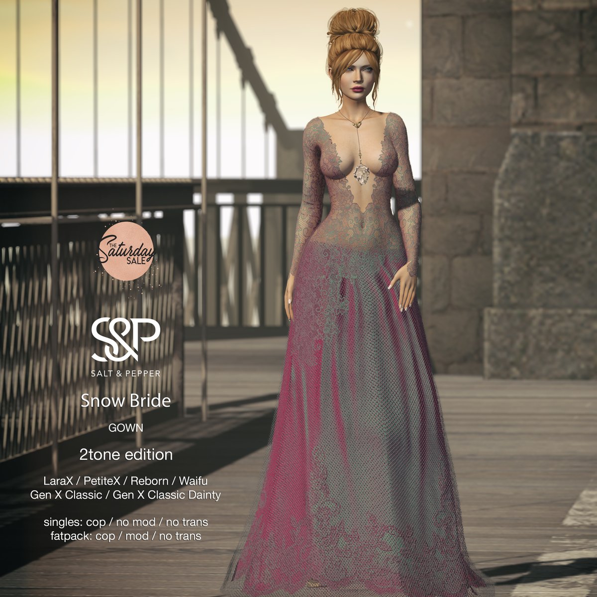 6 brand new 2 tone colors of the Snow Bride gown are set out for The Saturday Sale in the S&amp;P mainstore!

only Legacy textures.

single colors include all sizes but are no mod.
2tone Fatpack has all sizes + mod permission

TAXI
maps.secondlife.com/secondlife/Sal…