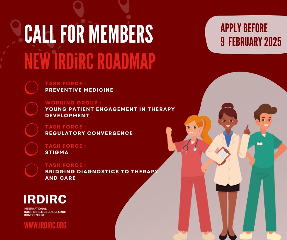 🚨 Call for experts : IRDiRC seeks experts to support 5 new activities in rare diseases research :

- Preventive Medicines
- Regulatory Convergence
- Youth Engagement
- Stigma
- Bridging Diagnostics &amp; Therapies

📅 Apply by Feb 9, 2025

For details : irdirc.org/call-for-membe…