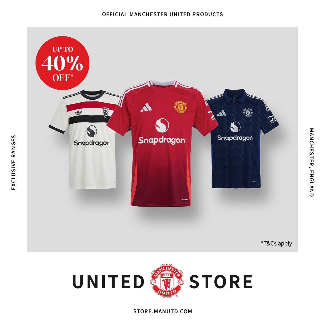 ManUtd's tweet photo. For the badge ❤️🤍💙

Get up to 40% off all kits 👇

#MUFC