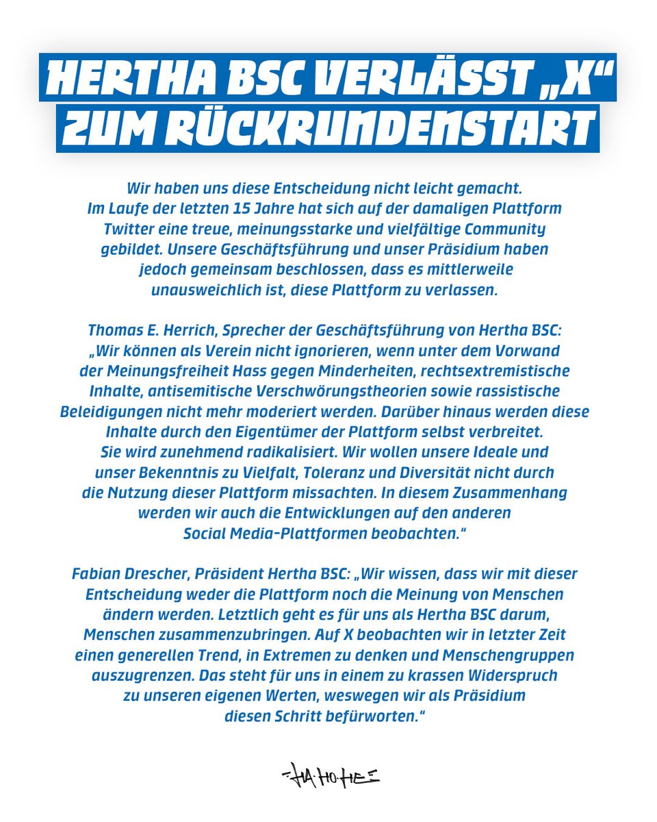 Wir verlassen die Plattform X.

Ab sofort werden wir euch zusätzlich zu unseren anderen Kanälen auch auf Bluesky mit allen wichtigen Infos rund um unseren Verein versorgen.

bsky.app/profile/frauen… &amp; bsky.app/profile/hertha… ⬅️

#HaHoHe