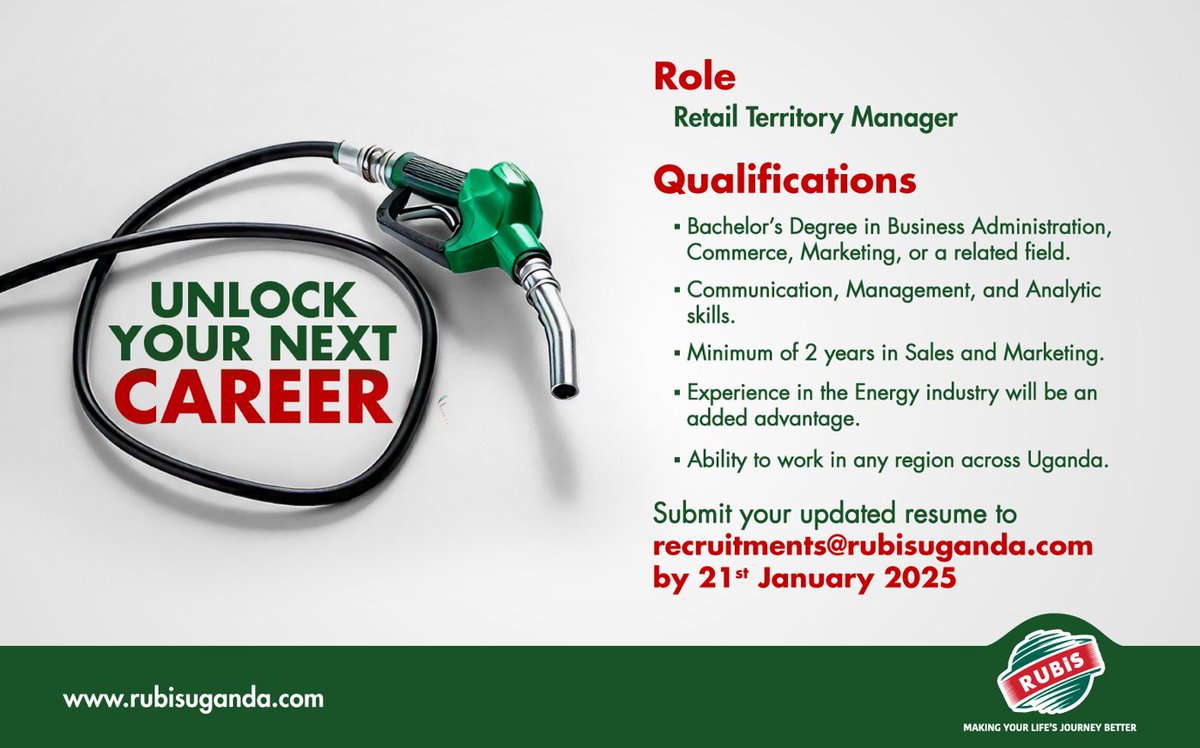 RUBiS Energy Uganda (@rubisenergyug1) on Twitter photo We are looking for a ๐ฅ๐ฒ๐๐ฎ๐ถ๐น ๐ง๐ฒ๐ฟ๐ฟ๐ถ๐๐ผ๐ฟ๐ ๐ ๐ฎ๐ป๐ฎ๐ด๐ฒ๐ฟ, got what it takes to join #RUBiSUg ๐บ๐ฌteam? โ
๐๐พ Send us your resume via: ๐ง๐๐๐ง๐ช๐๐ฉ๐ข๐๐ฃ๐ฉ๐จ@๐ง๐ช๐๐๐จ๐ช๐๐๐ฃ๐๐.๐๐ค๐ข
Deadline? We are looking for a ๐ฅ๐ฒ๐๐ฎ๐ถ๐น ๐ง๐ฒ๐ฟ๐ฟ๐ถ๐๐ผ๐ฟ๐ ๐ ๐ฎ๐ป๐ฎ๐ด๐ฒ๐ฟ, got what it takes to join #RUBiSUg ๐บ๐ฌteam? โ
๐๐พ Send us your resume via: ๐ง๐๐๐ง๐ช๐๐ฉ๐ข๐๐ฃ๐ฉ๐จ@๐ง๐ช๐๐๐จ๐ช๐๐๐ฃ๐๐.๐๐ค๐ข
Deadline?
