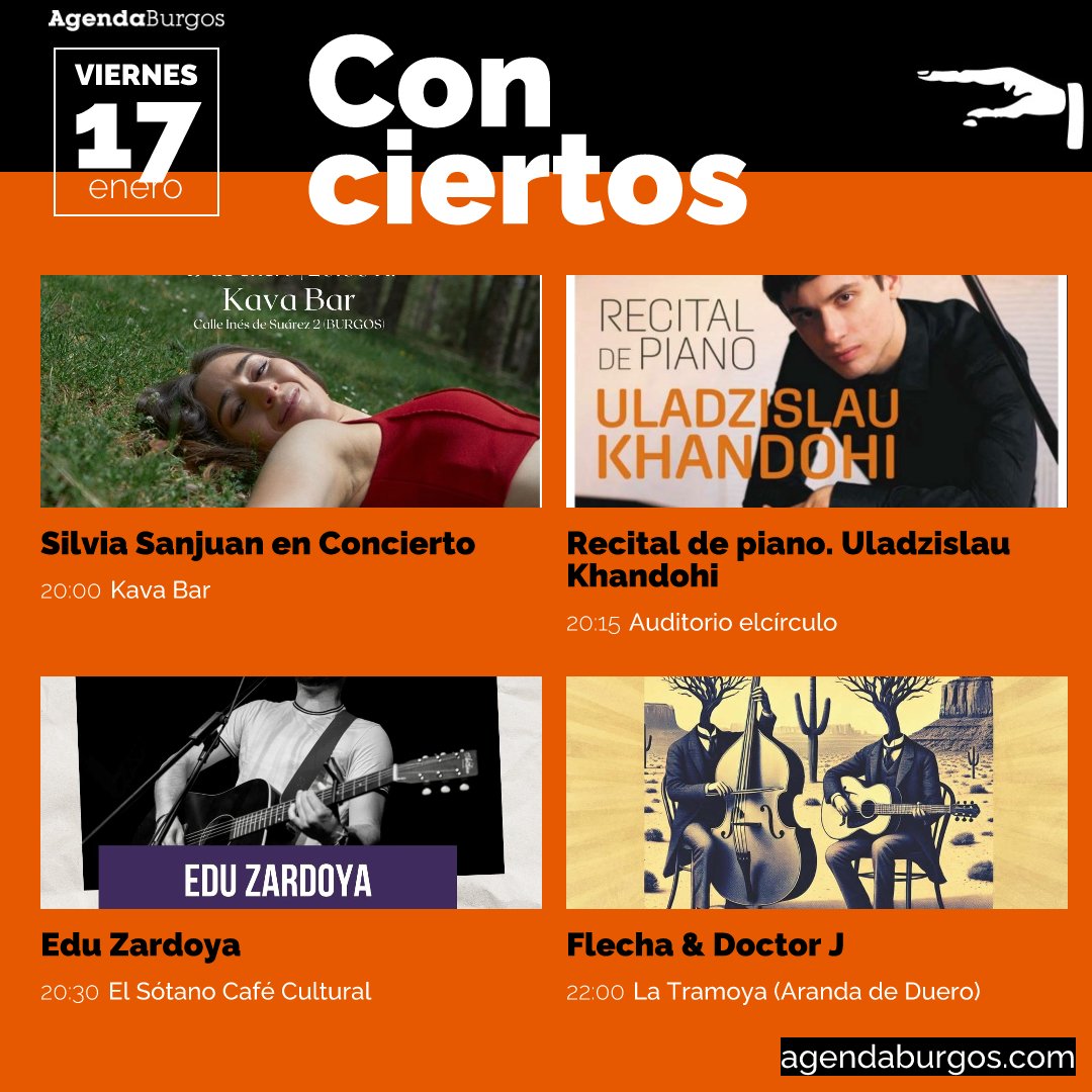 Conciertos para hoy viernes 17 de enero: 20:00 Silvia Sanjuan en Concierto @kava_bar_burgos 20:15 Recital de piano. Uladzislau Khandohi <a href="/fundacion/">Divina Providencia</a>.circulo 20:30 Edu Zardoya @elsotanocultural 22:00 Flecha &amp; Doctor J en Aranda de Duero @filarmonicadeburgos #