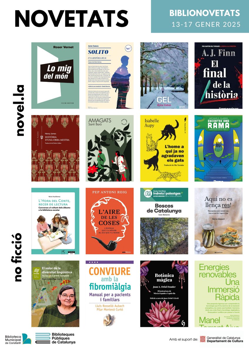 biblioconstanti's tweet photo. [BiblioNovetats]

Us deixem el BiblioNovetats de la setmana
prèvi a la festa del 25é aniversari de la Biblioteca!
😀🎊😉
Us esperem!

#❤ #bibliotecadeconstantí #clubdelectura #centralbibliotrecastarragona #bibliotequescat #bibliotequestgn #culturaconstanti https://t.co/AcXDzRQysv