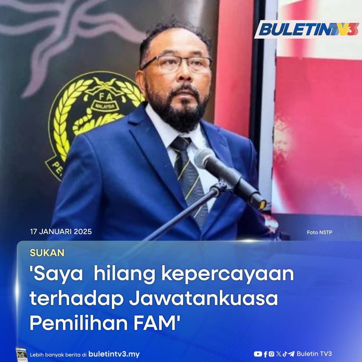 BuletinTV3's tweet photo. SUKAN | Presiden Persatuan Bolasepak Melayu Malaysia (PBMM), Mohd Firdaus Mohamed mengesahkan tidak menghantar borang pencalonan bagi kongres pemilihan barisan kepemimpinan baharu Persatuan Bolasepak Malaysia (FAM) bagi penggal 2025-2029.
#BuletinTV3 #FAM #PBMM https://t.co/BoufYZkkQ0