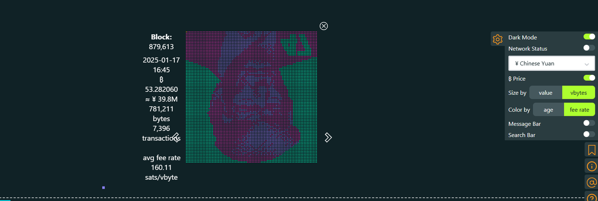 $879613（7hGY9j9MQHs9T6P1mxfk4ZyFta25AFB343W9MQnHpump） 背后的叙事：有人在BTC网络上用BTC的区块画出Trump的头像，背后的复杂程度很高，这里可以查看bitfeed.live/block/height/8…