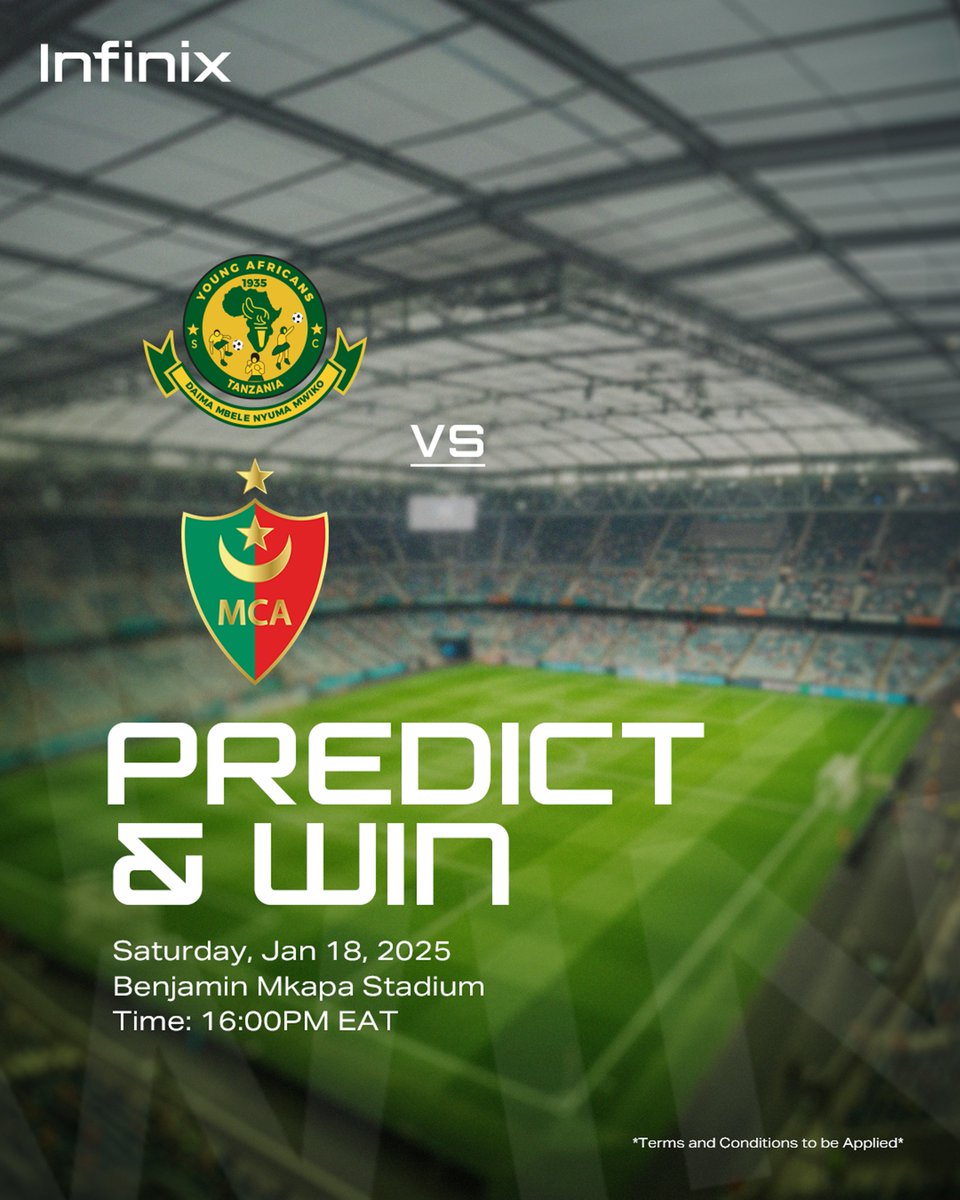 InfinixMobileTZ (@infinixmobiletz) on Twitter photo Yanga kucheza mechi yao dhidi ya MC Alger Jumamosi hii. Je, Anatoboa kwenda Hatua inayofuata?
Tabiri na Ushinde.
1. Follow <a href="/InfinixMobileTZ/">InfinixMobileTZ</a>
2. Weka Utabiri wako kwenye comment section na watag marafiki zako watatu (Mfano; Yanga SC 0 Vs. MC Alger 0)
3. Re-Tweet post hii Yanga kucheza mechi yao dhidi ya MC Alger Jumamosi hii. Je, Anatoboa kwenda Hatua inayofuata?
Tabiri na Ushinde.
1. Follow <a href="/InfinixMobileTZ/">InfinixMobileTZ</a>
2. Weka Utabiri wako kwenye comment section na watag marafiki zako watatu (Mfano; Yanga SC 0 Vs. MC Alger 0)
3. Re-Tweet post hii